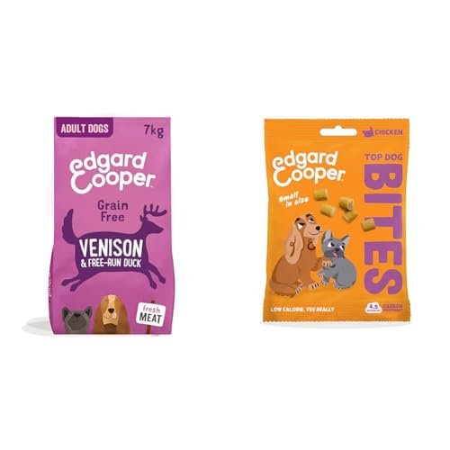 Edgard & Cooper Alimento Seco para Perros Venado y Pato Sin Cereales 7 kg + Premios para Perros Pollo Bites 1x50g - Pack de Croquetas y Premios