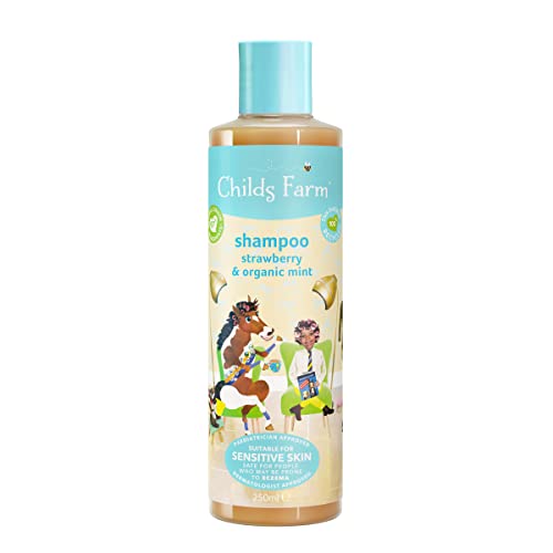 Childs Farm Szampon dziecięcy, 250 ml, truskawka i bio-mięta, wszystkie rodzaje włosów, rozplątuje i pielęgnuje, nadaje się do suchej, wrażliwej skóry i skóry głowy