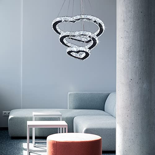 Winretro Modern 3 Ring Crystal Heart Chandelier Light Fixture Led Pendant Lighting Stainless Steel Chrome Chandeliers Ceiling Hanging Lights For Living Room Dinning Room Kitchen Bedroom(Cool White) #TOP2