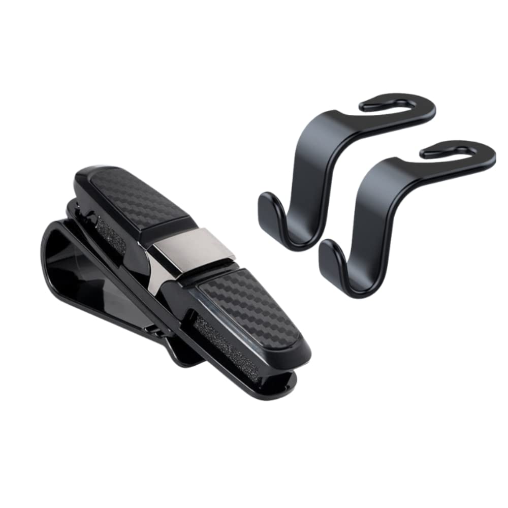 CARIO Car Sun Visor Holder Clip with 2 Sets of Headrest Hooks -Anti Scratch Car Sunglasses Holder with Hook Organizer for Interior Storage Accessories- Seat Back Hanger and Car Purse Hooks