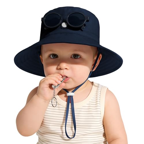 Zando UPF 50+ Baby Girl Boy Sun Hat with Sunglasses Whistle Sun Protection Infant Bucket Hat Newborn Adjustable Beach Cap Wide Brim Foldable Quick Dry Summer Camping Swim Travel Navy 0-6 Months