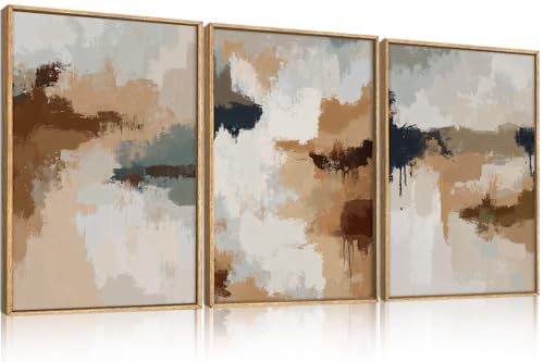 LHIUEM Large Abstract Brown Grey Framed Canvas Wall Art,Neutral Brush