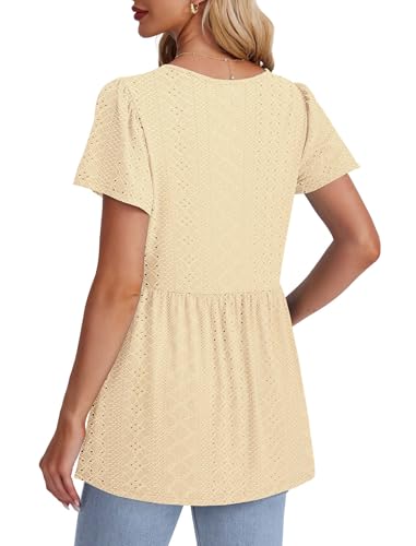 Image of OFEEFAN Womens Summer Tops Babydoll Short Sleeve Shirts Puff Sleeve Peplum Tops V Neck T Shirts