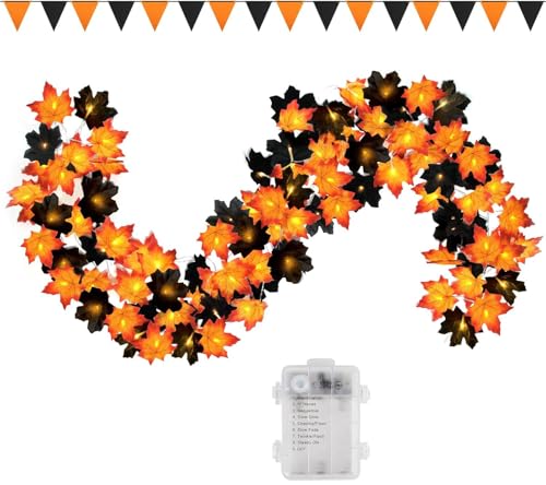 C APPOK Guirnalda de 50 luces LED de 16.4 pies para decoración de Halloween, guirnalda de luces de otoño con temporizador, guirnaldas de hojas de arce negras iluminadas con pancarta, luces de otoño
