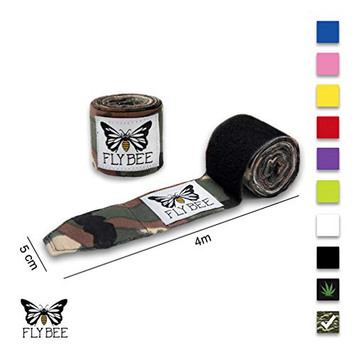 Flybee - Vendas de Boxeo con Presilla para el Pulgar, 4 m, elásticas, 8 Colores, Camuflaje, Elastisch