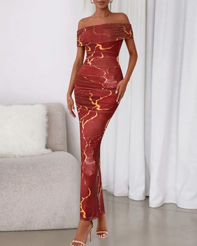 Image of BTFBM Cocktail Dresses for Women 2026 Elegant Classy Off Shoulder Bodycon Mesh Slit Floral Maxi Spring Summer Dress