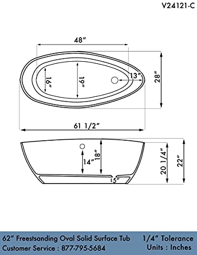 62 Inch Solid Surface Double Ended Oval Tub, Chrome Drain - Jenkins #TOP4