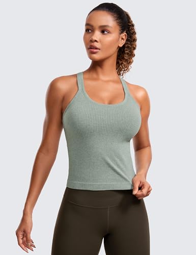 Image of CRZ YOGA Seamless Rib Racerback Tank Tops | Light Support, Built in Bra, Removable Pads, Yoga, Ribbed, High Neck, for Women