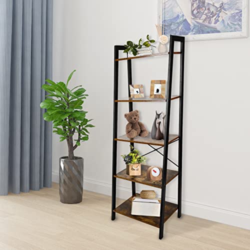 No More Tag Ladder Bookshelf, 5-Tier Ladder Shelves, Ladder Bookcase Plant Stand Rack, Utility Organizer Shelves Display Rack, Free Standing Industrial Style Bookcase For Kitchen, Home Office, Balcony #TOP7