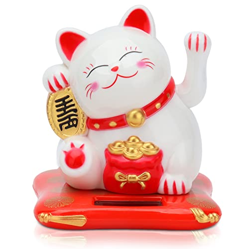 Chat Porte-Bonheur Solaire, Mignon Chat Accueillant, Décoration de Voiture pour la Maison (Blanc)