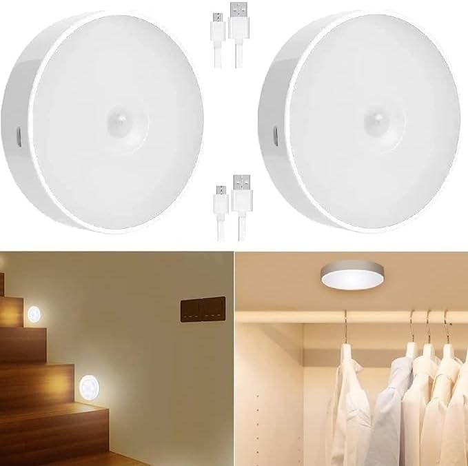 Motion Sensor Light for Home (Pack of 2) with USB Charging Wireless Self Adhesive LED Body Induction Lamp Sensor Light for Wardrobe Lights with Sensor Night Light for Cupboard Stairs (White)