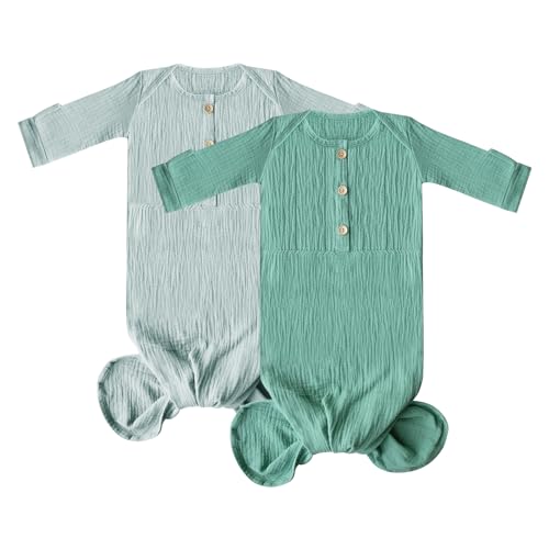 Image of Dormlony Muslin Organic Cotton Knotted Baby Gown - Soft and Stylish Sleepwear for baby outfits Newborns 0-3 months 2PACK