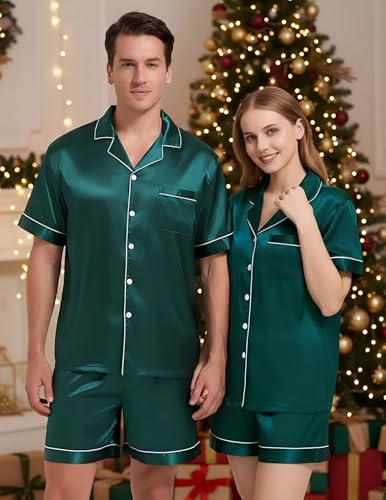 Guriyzee Matching Pajamas for Couples Silk Satin Short Sleeve Sleepwear 2 Pcs Button Down Pjs Soft Nightwear Mens Pajamas Lounge Set Green XX-Large — view 2