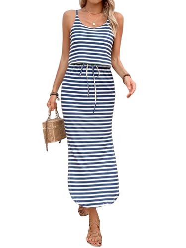 EWFKJ Women’s Sleeveless Striped Summer Maxi Dress Spaghetti Strap Side