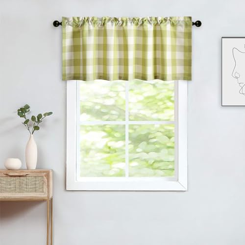VOGOL Buffalo Check Gingham Plaid Valances for Windows of Kitchen Modern Style Linen Textured 18 Inch Long Rod Pocket Valance for Small Windows, One Panel, Green and White