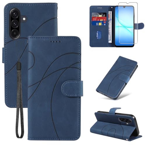 FHSYCR Coque pour Samsung Galaxy A17 4G/5G avec 1 Pièces Verre Trempé Protection, Premium PU Cuir Multifonction Magnétique Portefeuille à Rabat Flip Housse Étui pour Samsung Galaxy A17 - Bleu