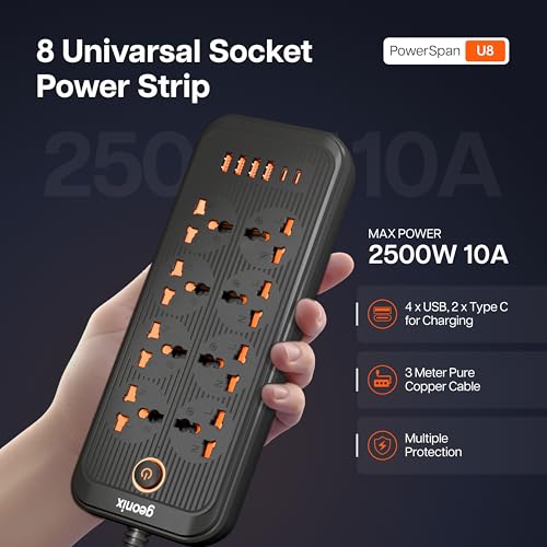 Image of Geonix PowerSpan U8 | Power Strip with 8 Universal Sockets, 2500W Max., 4 USB Ports, 2 C-Type Port, 10 Amps, 3 Mtr Copper Cable, Overload Surge Protection, Durable Abs Body, 250 Volts (Black)
