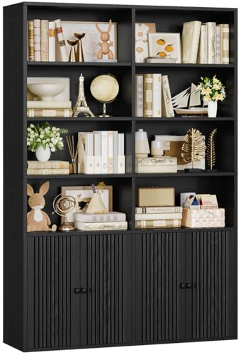 IRONCK Bücherregal mit Türen Regal Holz mit 6 Ebenen 12 Fächern Bücherschrank Hochschrank Vitrinenschrank Einstellbare Regalböden Standregal für Wohnzimmer Büro Schlafzimmer 108×30×180cm Schwarz