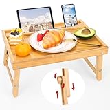 Moretoes Bed Tray Table for Eating, Bamboo Breakfast Food Tray with Adjustable Folding Legs and Phone Holders for Sofa Laptop Desk Snack Tray, Natural