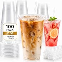 100-Pack 16oz HEIHING Clear Plastic Cups with Lids and Straws only $14.40-$15.99