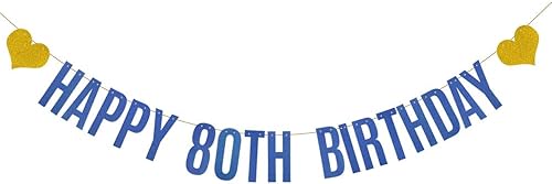Cartel de feliz cumpleaños 80, pre-encordado, guirnalda de papel con purpurina azul para suministros de decoración de fiesta de cumpleaños 80,