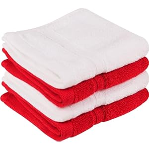 Towel and Linen Mart 100% Cotton – Wash Cloth Set – Pack of 4, Flannel Face Cloths, Luxurious, Highly Absorbent and Soft Feel Fingertip Towels Perfect for Daily Use (12 x 12 White & Red)