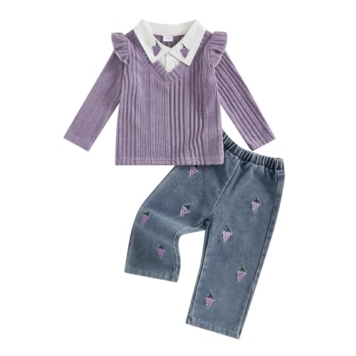 fhutpw Baby Toddler Girl Clothes Knit Ribbed Lapel Collar Long Sleeve Ruffle Pullover & Embroidery Jeans Fall Winter Outfits