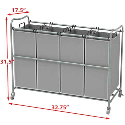 Simple Houseware 4-Bag Heavy Duty Laundry Sorter Rolling Cart, Silver