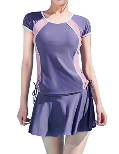 JadeRich Teen Girls' 2-Piece Skirted Bathing Suits Short Sleeve Rash Guard Drawstring Swimwear Teenager Sporty Swimsuit