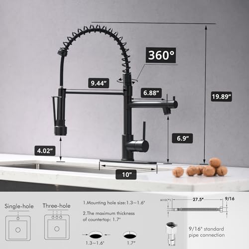 Image of AIMADI Black Kitchen Faucet with Pull Down Sprayer,Commercial Single Handle | Stainless Steel High Pressure Kitchen Faucet Black with Deck Plate 1 or 3 Hole for Farmhouse Bar Laundry Outdoor Sink