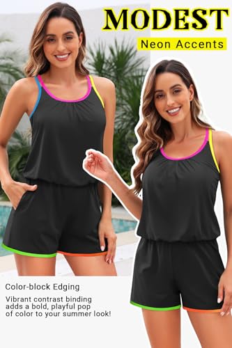 Image of Tempt Me Women Romper One Piece Swimsuits with Short | with Pockets, Modest, Removable cups, Boyleg, Full coverage