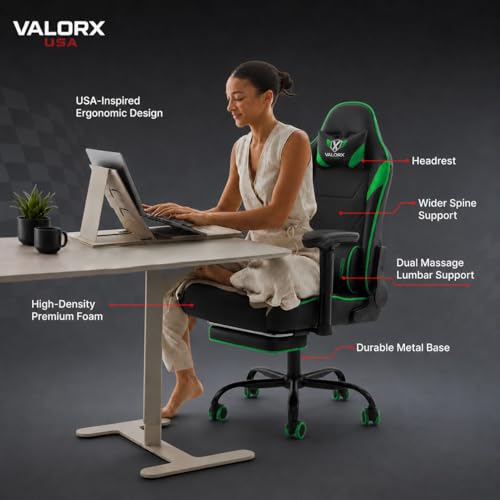 Image of ValorX USA Striker 2026 Edition | Ergonomic Gaming & Office Computer Chair | Premium PU Leather | Dual Massager Back Support | Adjustable Neck & Lumbar Pillow | Ergo Sync Armrests | Footrest (Green)