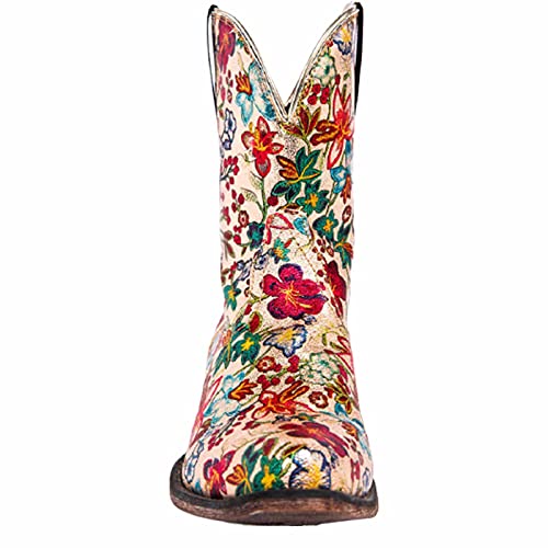 Dames Western Cowboy Laarzen, Vintage Puntige Teen Chunky Hak Enkel Gesp Bloemen Geborduurde Mid-top Boots, Winter… - Image 3