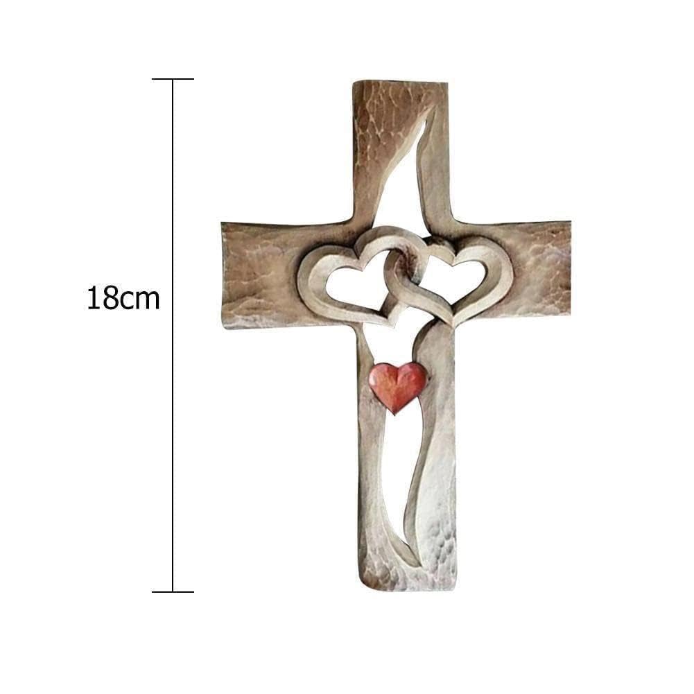 Cruz de madera tallada entrelazada corazones crucifijo ornamento dos corazones colgando mano unión pared miniatura