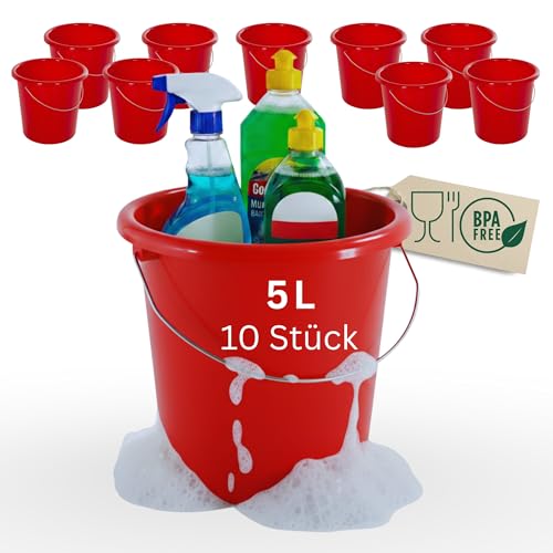 Novaliv Lot de 10 seaux de 5 l - Rouge avec graduation dimensionnelle - Seau de nettoyage 5 litres ? 22,5 cm - Pratique et polyvalent avec graduation pour la maison et le jardin - Idéal comme seau
