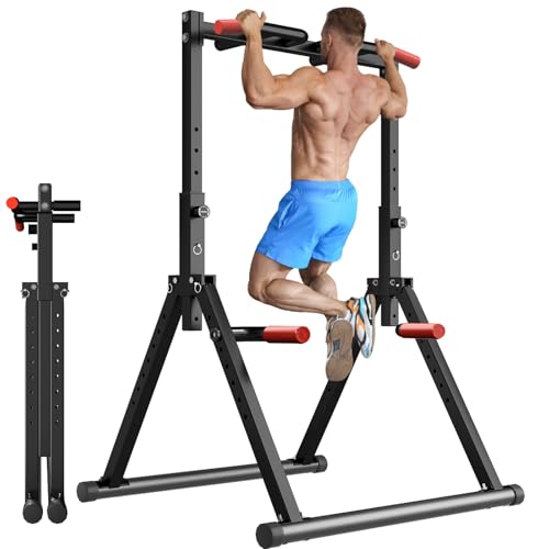 WATBKHE Foldable Power Tower Pull Up Bar Dip Station, Pull Up Bar Standing for Home Gym Adjustable Height, Multi-Functional Workout Equipment Strength Training Machine, Support 460LBS by WATBKHE - Used condition - US$135.72