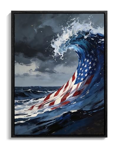 Image of American Flag Framed Canvas Wall Art, 4th of July Red White Blue Canvas Prints, USA Flag Ocean Waves Abstract Patriotic Decorations, Independence Day Wall Decor for Bedroom Living Room Office 6x8