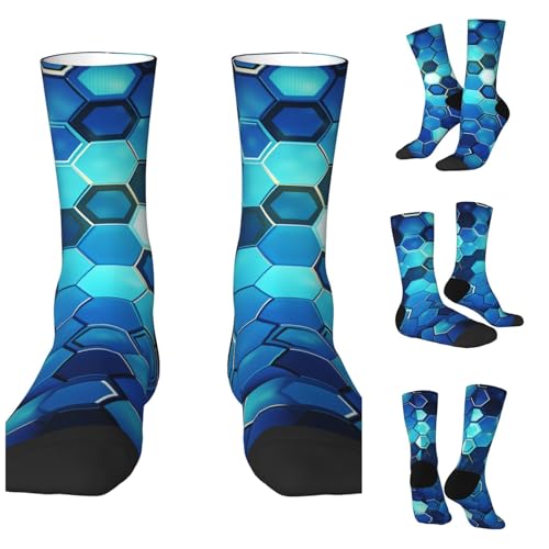 LZQPOEAS Blue hexagon Athletic Socks Unisex Cushioned Crew Socks Hiking Running Calf Sock Soft Above Ankle Sock