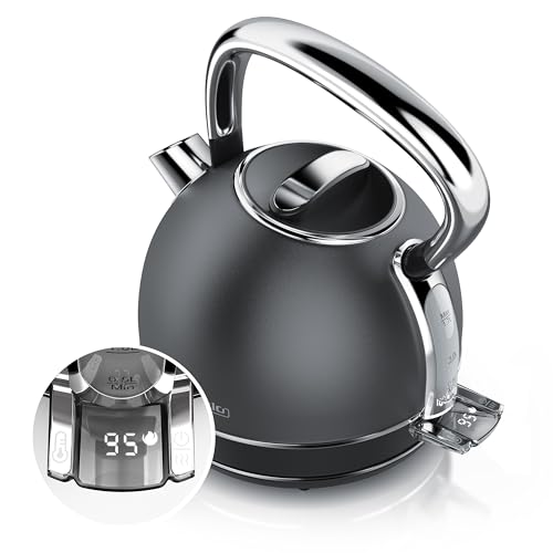 Arendo - Wasserkocher Edelstahl mit Temperatureinstellung, LED Anzeige mit Touch Panel - Wasserkessel Retro Vintage, 1,7 Liter, Warmhaltefunktion, Zwischenmessung, austauschbarer Kalkfilter, Cool Grey