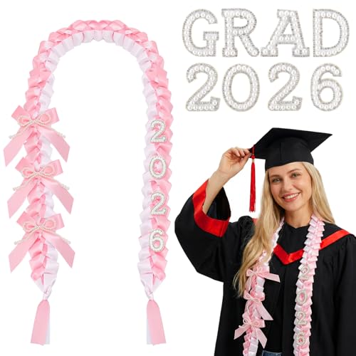 JATEBI 9 Pcs Coquette Graduation Leis&Cords Set 59 Inch Pink Ribbon Lei with Pearl Bows and Patches for 2026 Graduate Gifts