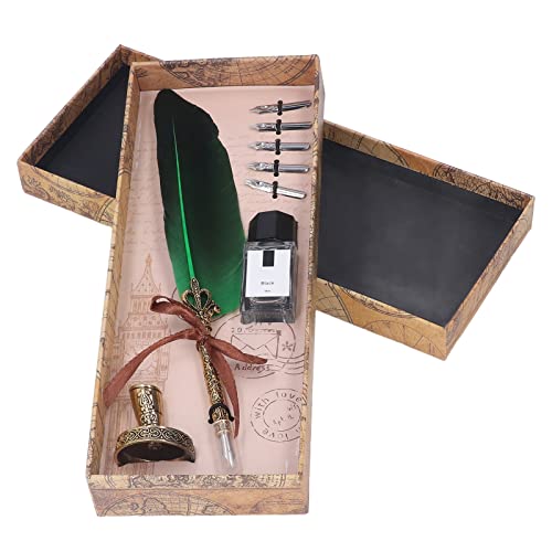 羽ペン 万年筆 羽毛ペン フェザー 羽根セット 羽飾り 署名 サイン 筆立て 書道 手帳 軽量 交換可能な先 ボックス付き プレゼント (緑)