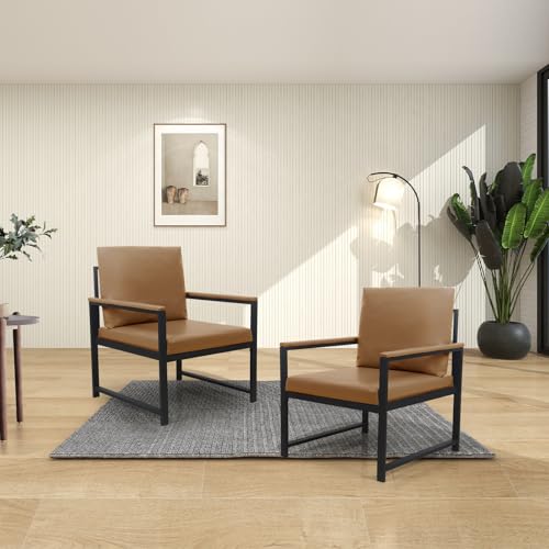 Modern Accent Arm Chair with PU Leather Upholstery, Thick Padded Backrest and Seat Cushion, Comfortable Metal Armrest, Non-Slip Feet, for Living Room, Bedroom, Office Lounge Reception Area (Camel) - Thumbnail 5