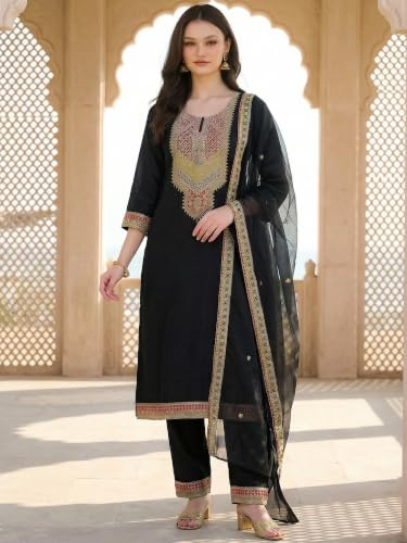 Image of INDO ERA Women's Maroon Silk Blend Embroidered A-Line Kurta & Pant With Dupatta Set (IESTR6990)