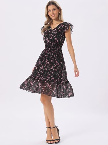 Image of Allegra K Women's Floral Dress Spring Summer V Neck Flutter Sleeve Ruffle Casual Smocked Knee Length Dresses