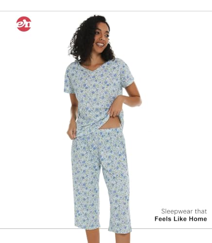 Image of ENJOYNIGHT Womens Pajama Sets Cotton Pj Set Short Sleeve Top With Capri Pants Sleepwear 2 Piece Lounge Set