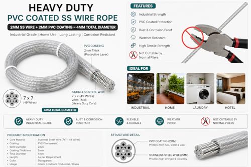 Image of Heavy Duty 4MM PVC Coated Wire Rope Kit | 7x7 GI Steel Cable with Snap Hooks, U Clamps & Turnbuckle | Rustproof Clothesline Wire for Balcony, Gym & Outdoor Use (15 Meter /49.2 Feet)