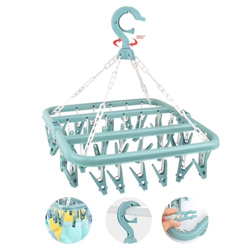 Etendoir Chaussette, Étendoir à Linge à Suspendre avec 32 Pinces,Etendoir Linge Interieur Extérieur Suspendre, Sechoir a Linge Rotatif Pliant, pour Chaussettes, sous-Vêtements et Petits (Bleu)