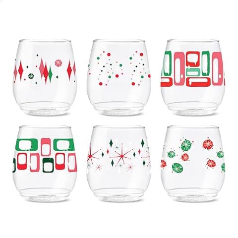 TOSSWARE POP 14oz Vino Retro Festive Pattern Series, SET OF 6, Premium Quality, Recyclable, Unbreakable & Crystal Clear Plastic Printed Glasses Cover