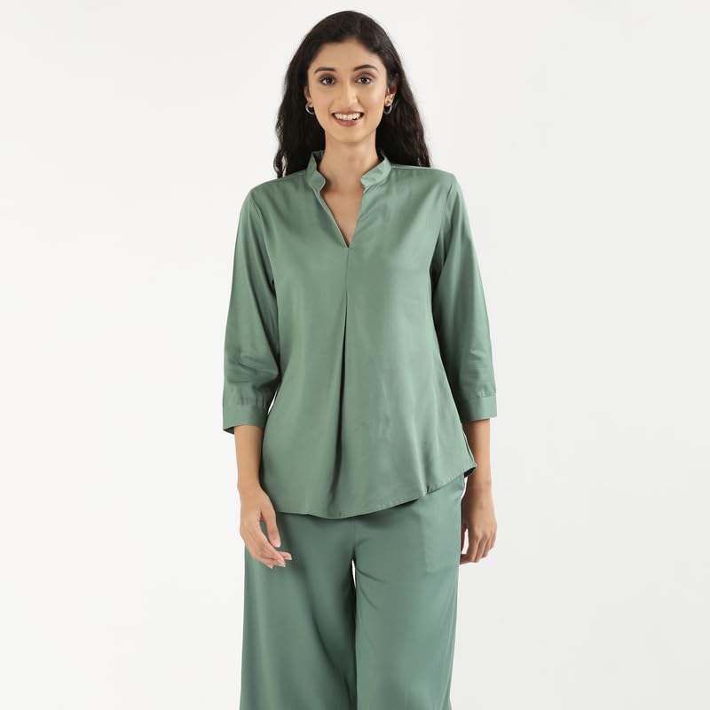 Image of SAADAA Top for Women, Viscose Pleated Tops, V-Neck with a Collar, 3 /4 Sleeve Length, Office & Casual Wear