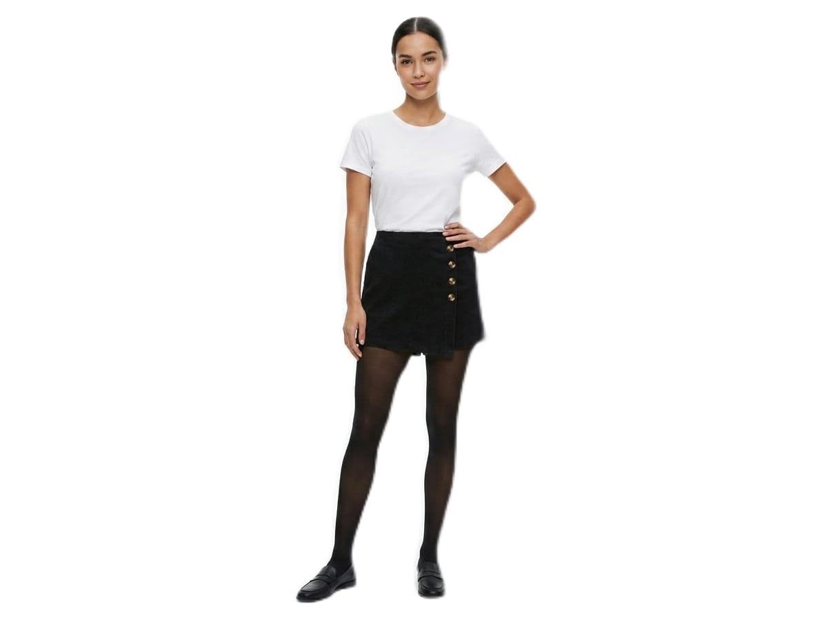 Women's Black Ribbed Wrap Skort with Gold Buttons-image-46